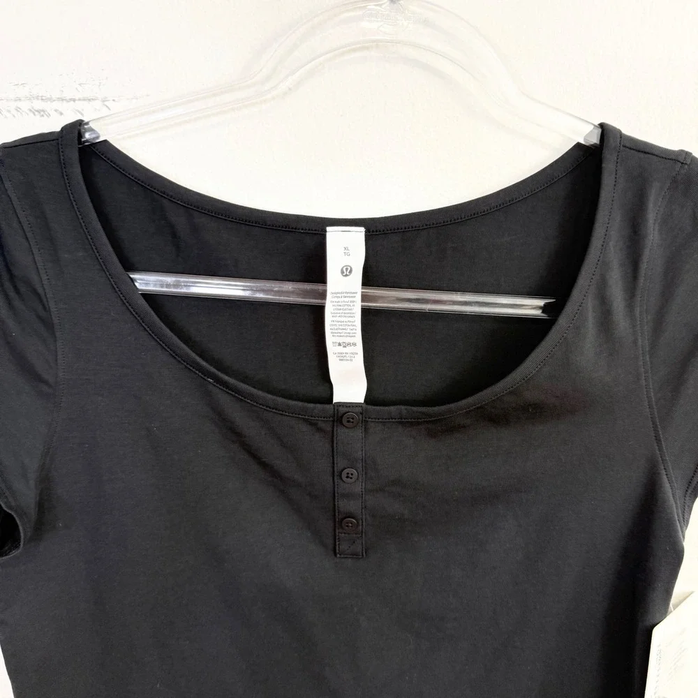 Lululemon Cap-Sleeve Henley T-Shirt Black Pima Cotton Fitted Top NWT XL